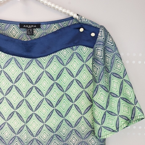 Axara Kelly Green and Navy Geometric Print Sheath Boat Neck‎ Dress EU 36 - Picture 3 of 6